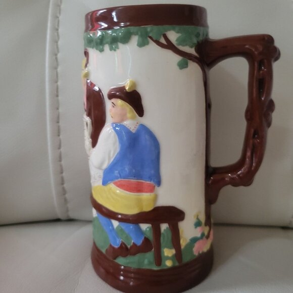 Vintage German Beer Stein Hand-Painted Tavern Scenes & Ornate Handle Signed JB - Picture 4 of 10